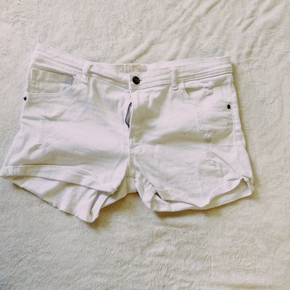 H&G Women White Denim Shorts Distressed Patriotic